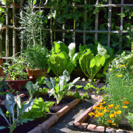 Kleiner Garten mit verschiedenen Gemüse- und Kräuterpflanzen in Beeten.